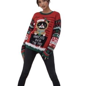 No Boundaries Christmas Sweater Juniors Large Naughty Kitty Cat Festive Red